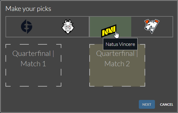 Image showing a fool having picked Virtus.Pro for the Semis, even though they will be eliminated in the Quarters